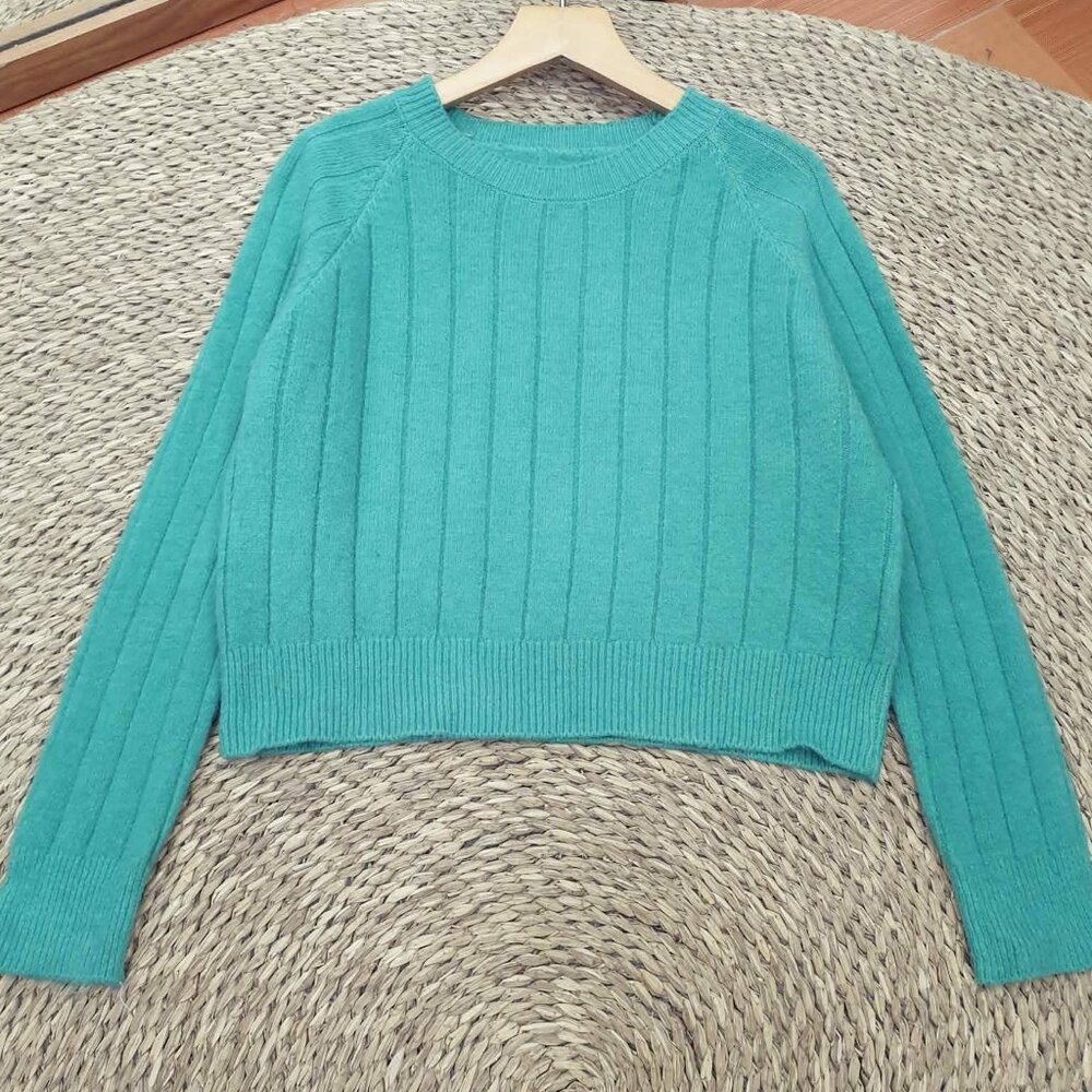 Teal Green Ribbed Knit Crop Sweater Cozy Soft Pullover 💚